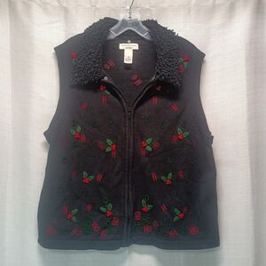 Bechamel Woman Holiday Vest 1X‎ Black Zip Holly HoHoHo Buttons Removable Collar